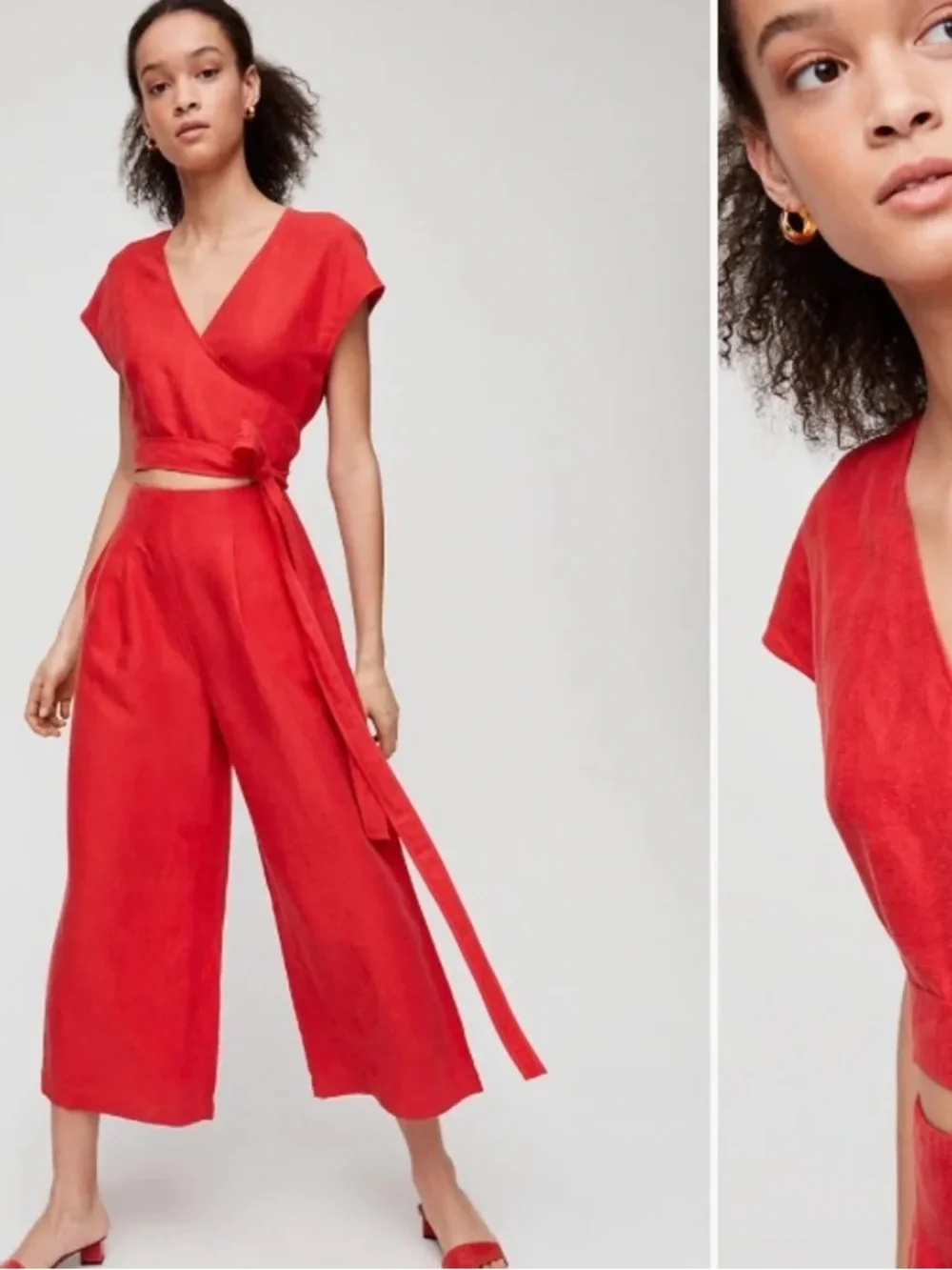 Aritzia Wilfred Linen Red Wrap Top & Wide-Leg Jumpsuit Set